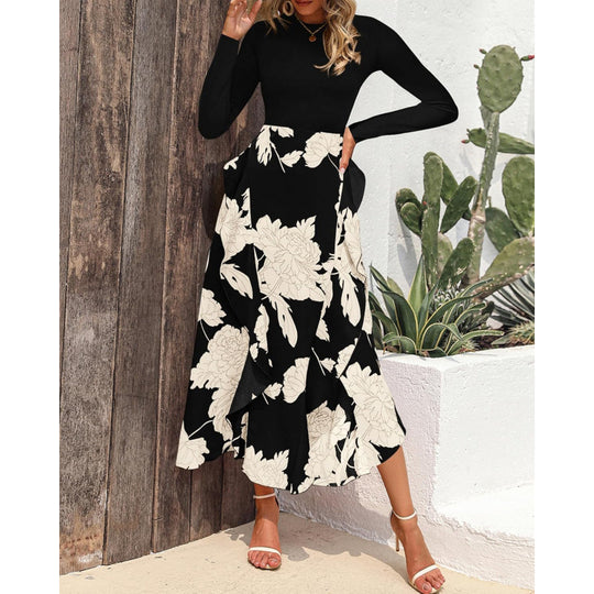 Damen Elegantes Maxikleid mit floralem Volant und langem Arm R&B