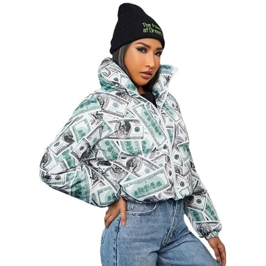 Damen modische cropped Steppjacke im Dollar-Design R&B