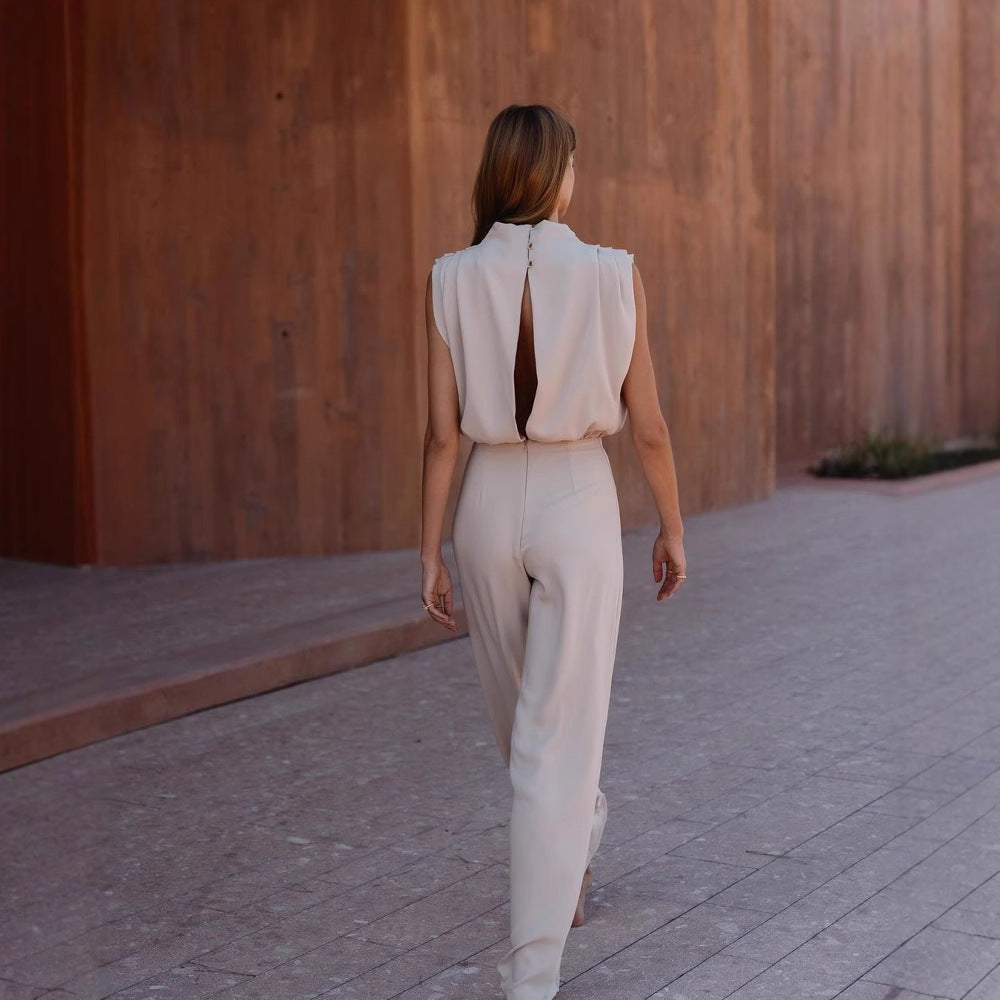 Damen Eleganter Jumpsuit mit hochgeschlossenem Kragen und weiten Beinen R&B