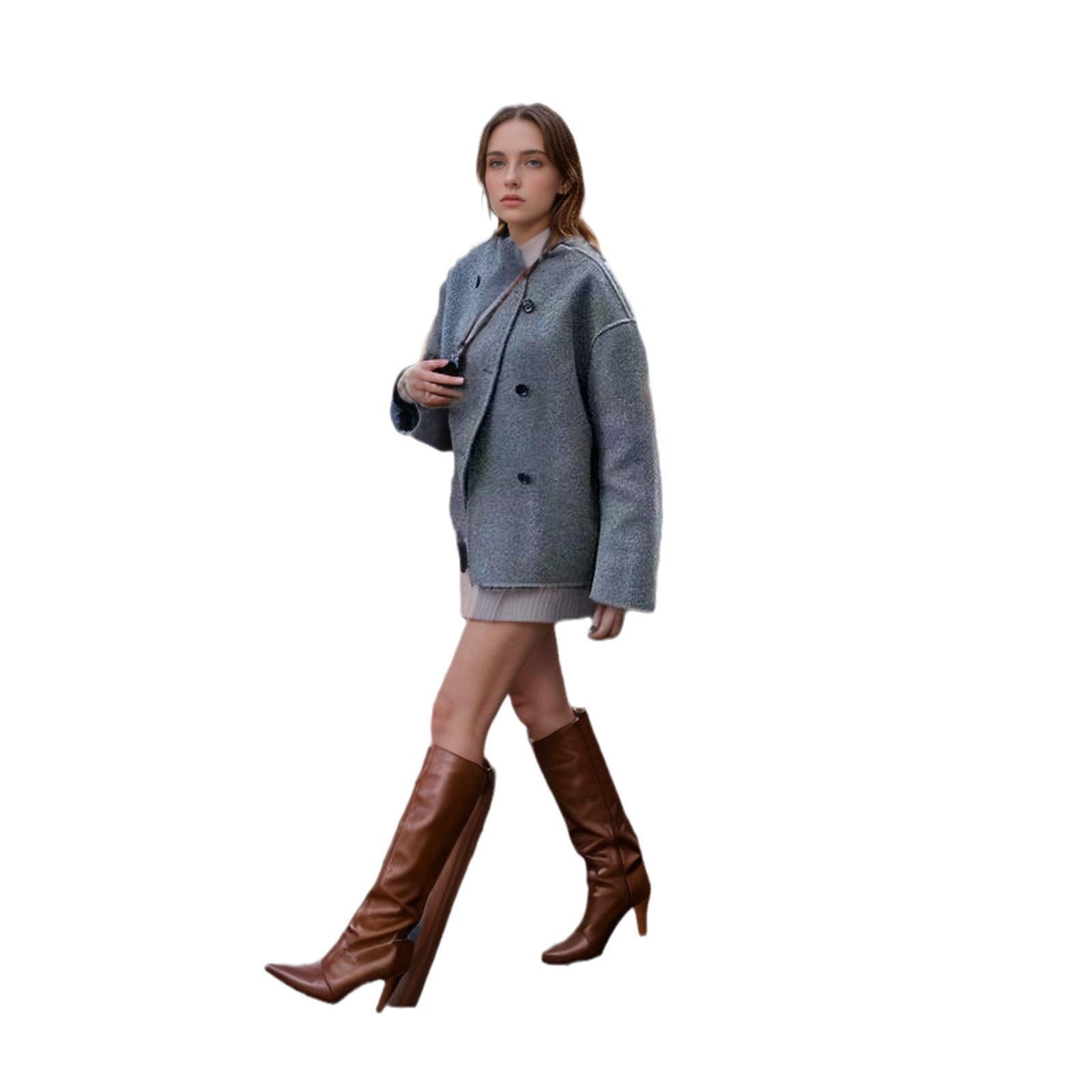 Damen elegante Oversize-Jacke mit doppelter Knopfreihe und strukturierter Textur R&B