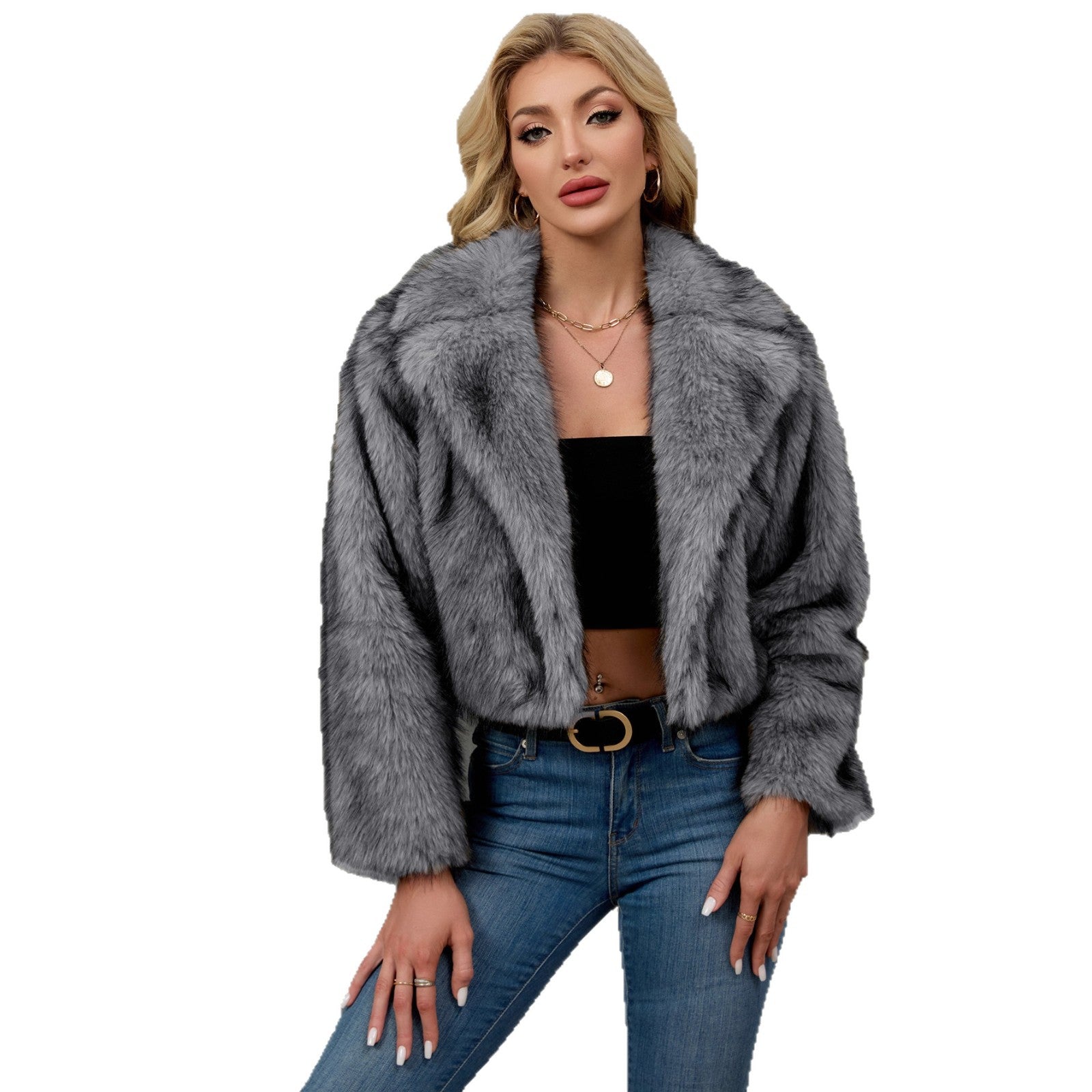 Damen Flauschige Kunstpelzjacke mit elegantem Revers R&B