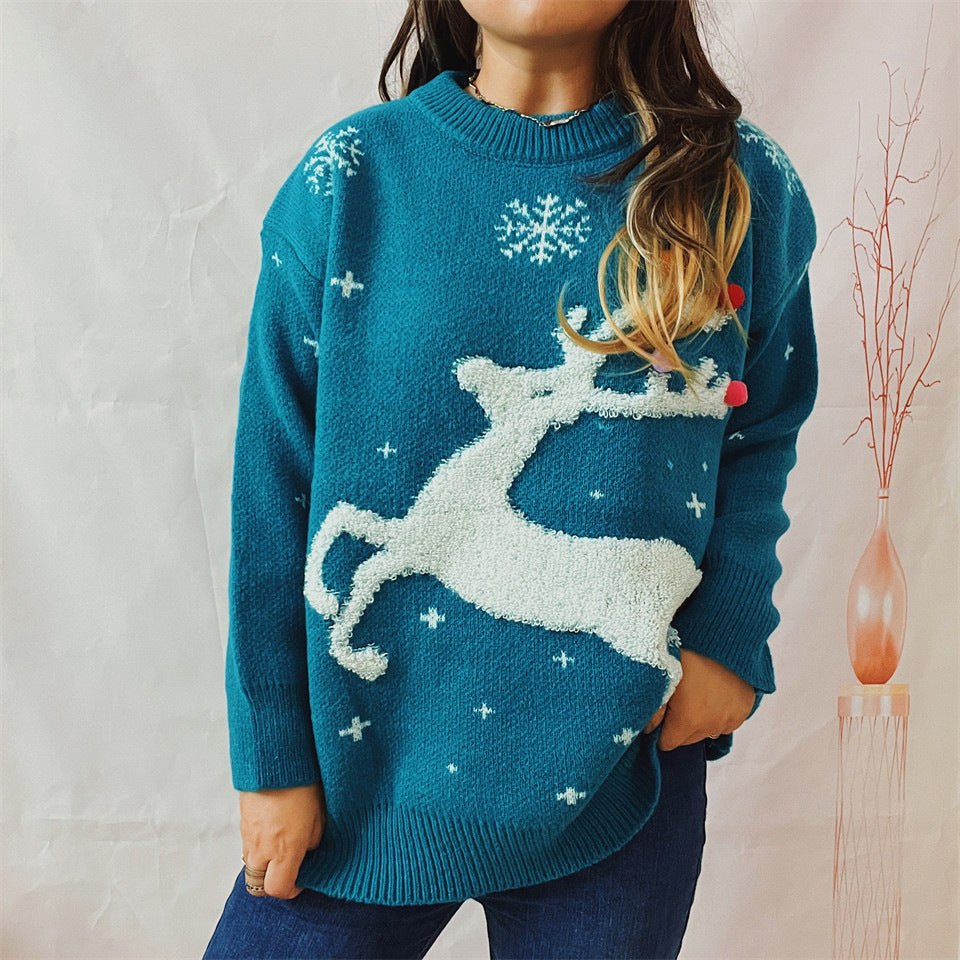 Damen festlicher Pullover mit kreativem Rentier-Motiv und strukturiertem Strick R&B
