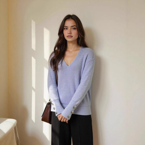 Damen V-Ausschnitt Strickpullover mit dekorativen Knöpfen R&B