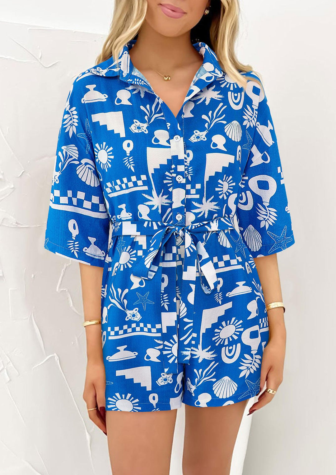 Damen Leichte Kurzarm-Bluse mit Bindegürtel R&B