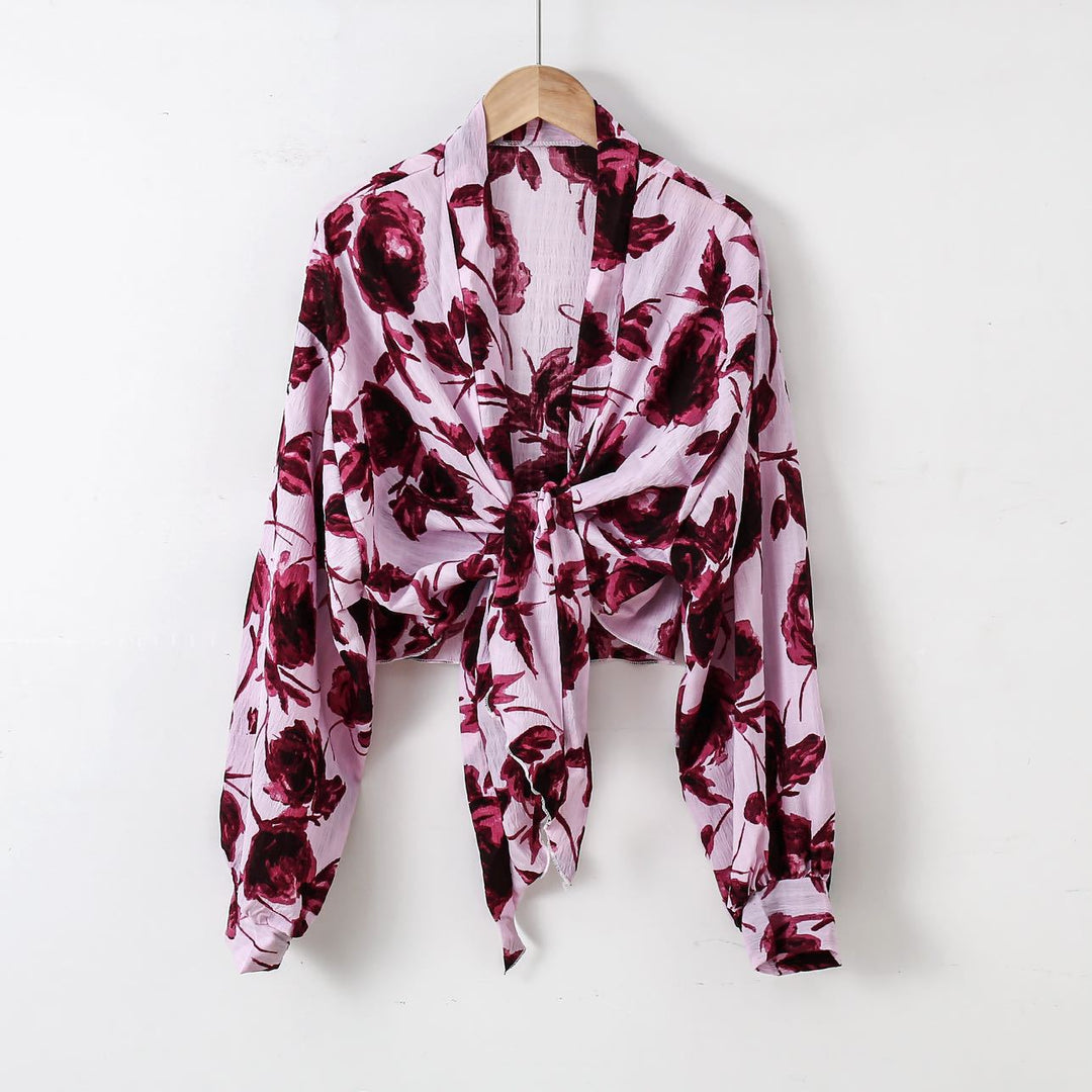 Damen nan florale Knoten-Bluse im Wickelstil mit Ballonärmeln und leichter Leinenoptik R&B