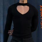 Damen nan figurbetontes Langarm-Top mit Cut-Out und Stehkragen R&B