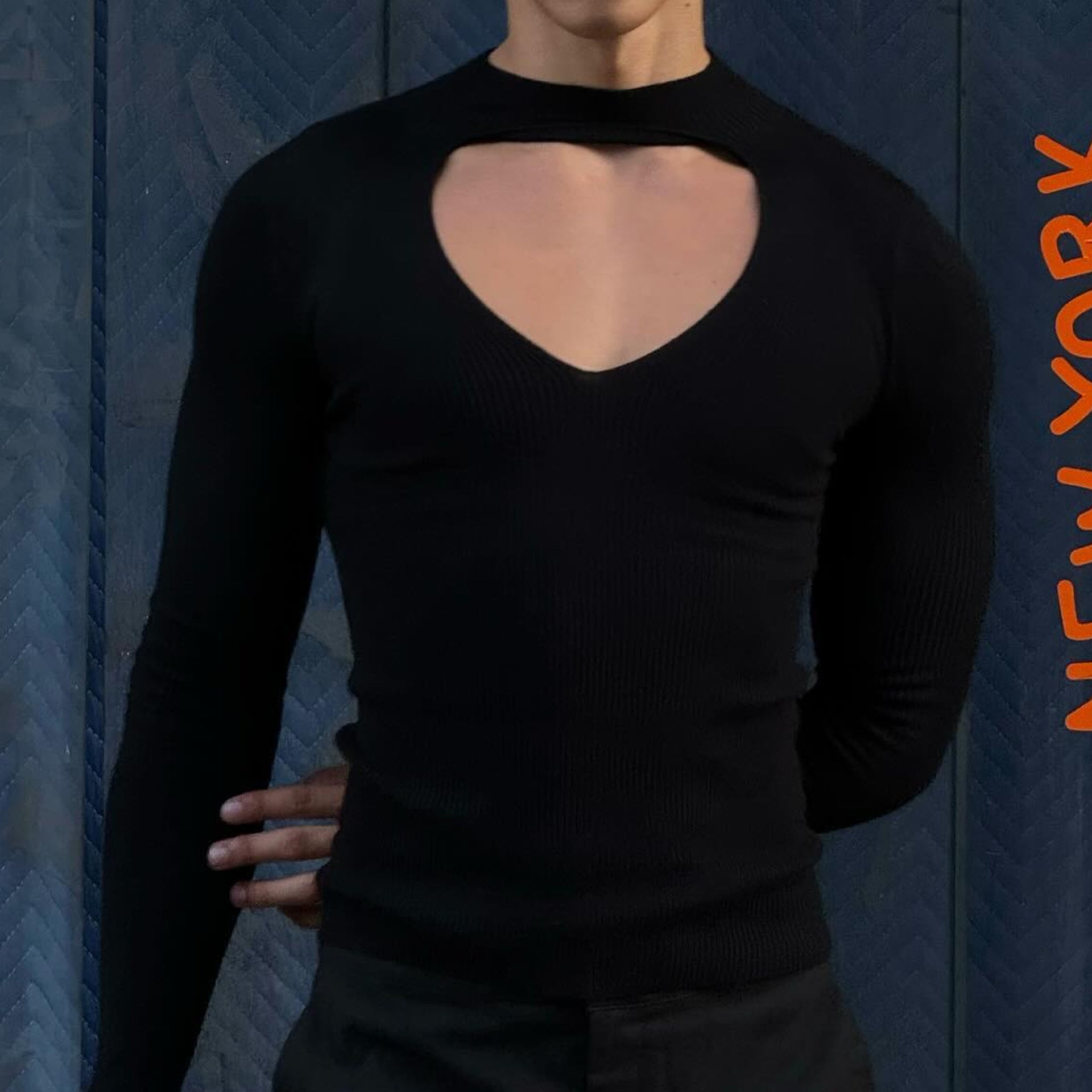 Damen nan figurbetontes Langarm-Top mit Cut-Out und Stehkragen R&B