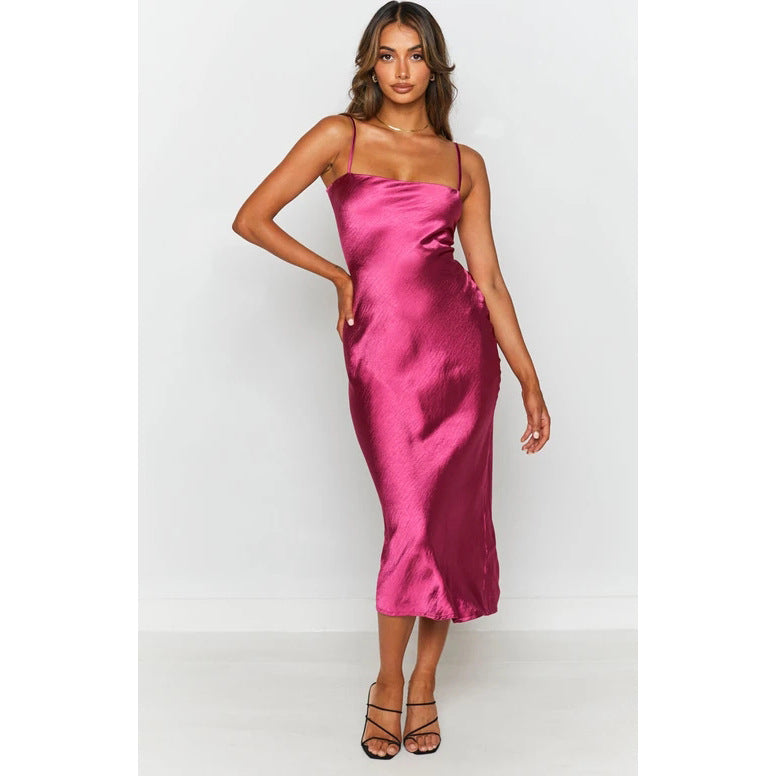 Damen Satin-Midikleid mit schmalen Spaghettiträgern und elegantem Schnitt R&B