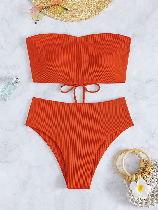Damen Bandeau-Bikini-Set mit hohem Beinausschnitt und Bindedetails R&B