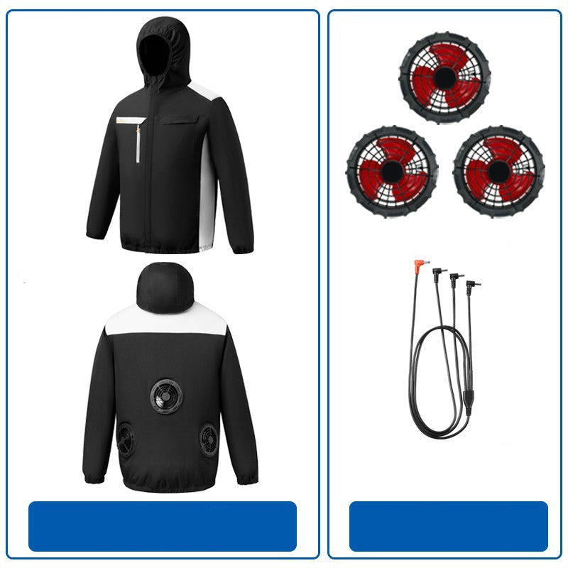 Herren nan belüftete Kühljacke mit mehreren integrierten USB-Lüftern, verstellbarer Kapuze und winddichtem Material R&B