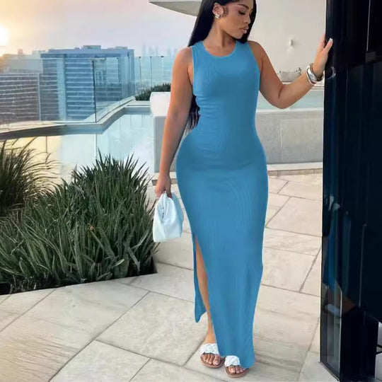 Damen elegantes Maxikleid mit hohem Schlitz und figurbetontem Schnitt R&B