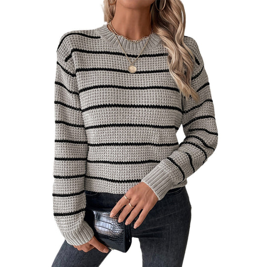 Damen lässiger Strickpullover mit breitem Streifenmuster R&B