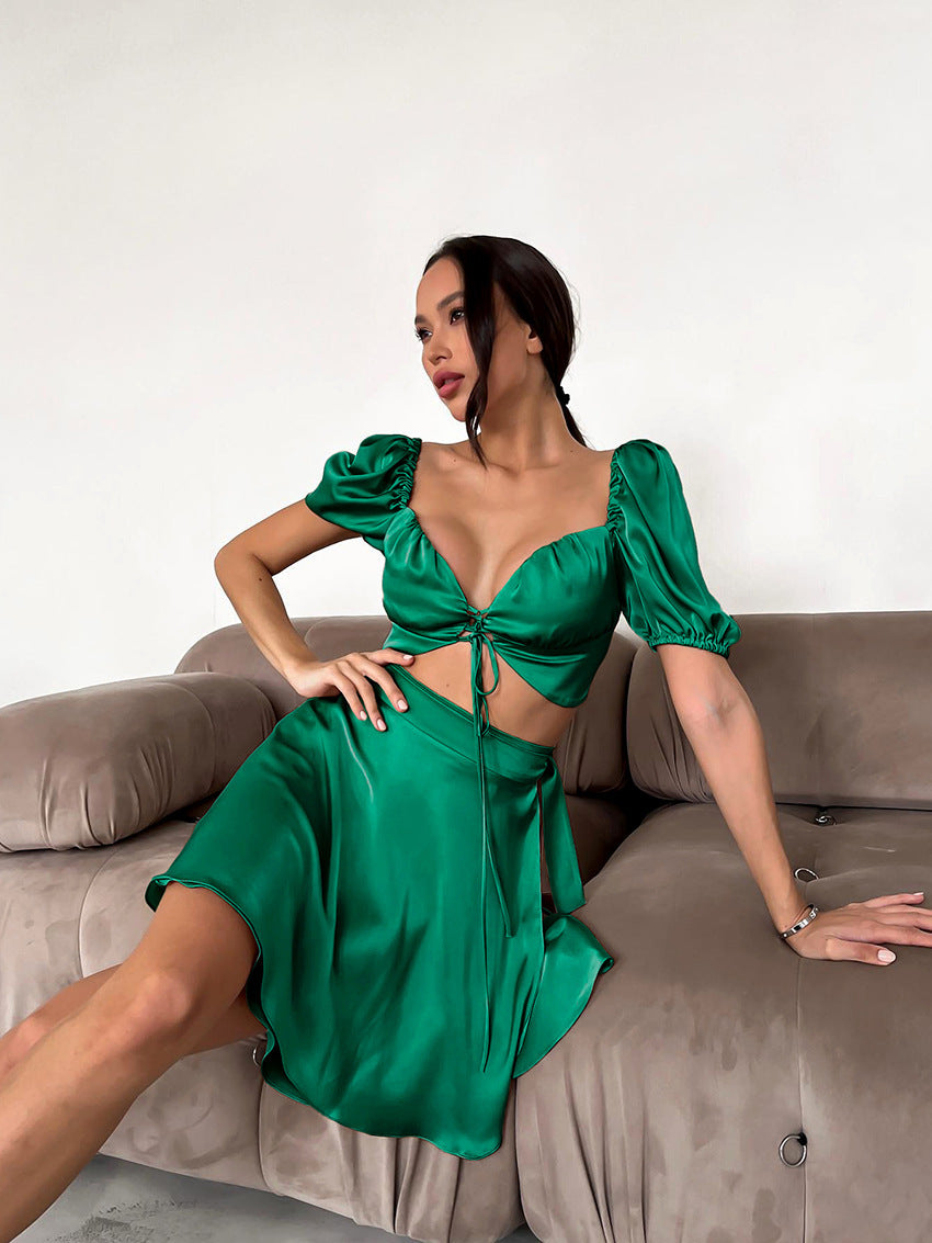 Damen Verspieltes Wickelkleid mit Puffärmeln und Schleifendetail R&B