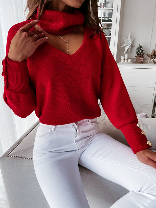 Damen Glamouröser Strickpullover mit angeschnittenem Rollkragen und schicken Knopfdetails R&B