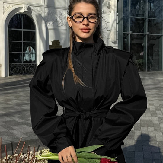 Damen elegante Utility-Jacke mit hochgeschlossenem Kragen und Taillengürtel R&B