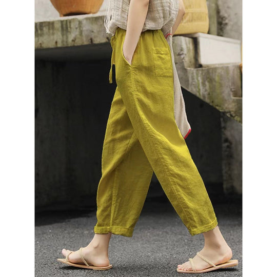 Damen lässige Leinenhose mit elastischem Bund und seitlichen Taschen R&B