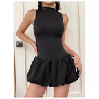 Damen trendiges Mini-Kleid mit hohem Kragen und voluminösem Rock R&B