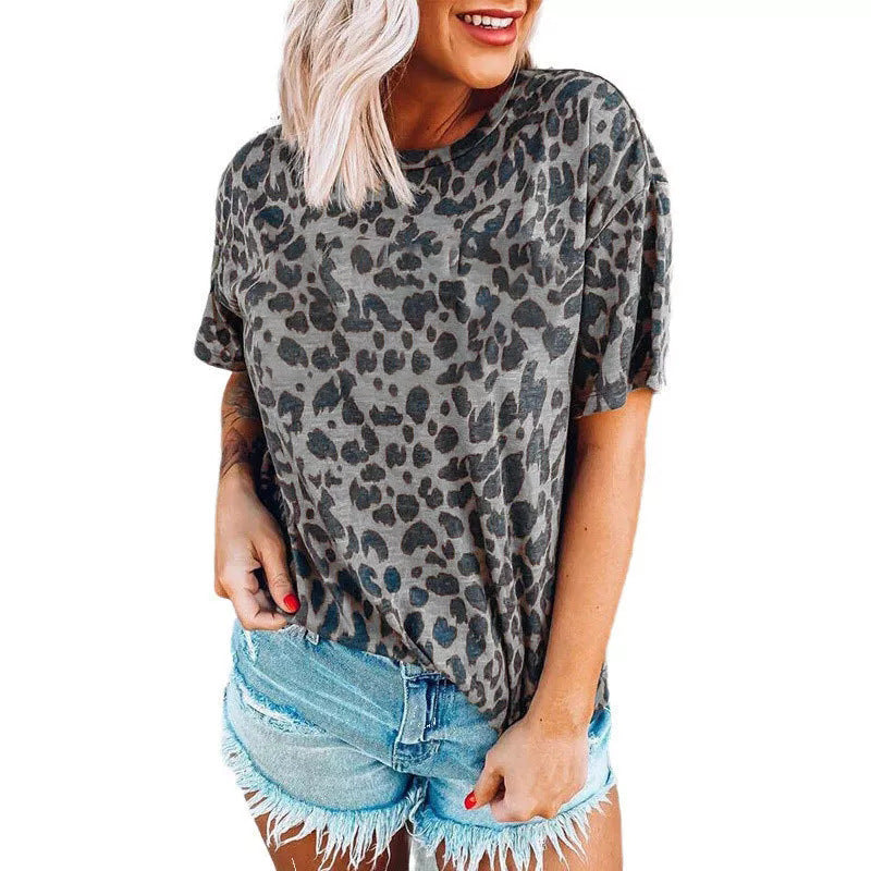 Damen lässiges Leoprint T-Shirt mit weichem Stoff und lockerer Passform R&B