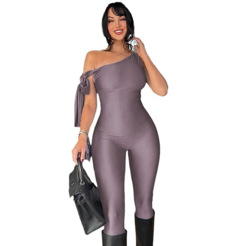 Damen eleganter Ein-Schulter-Jumpsuit mit figurbetontem Schnitt und stilvollem Knoten R&B