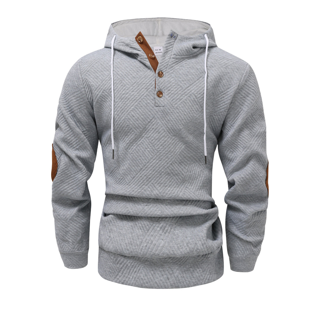 Herren nan strukturierter Kapuzenpullover im Henley-Stil mit Kontrastbesatz und Ellenbogenaufnähern R&B