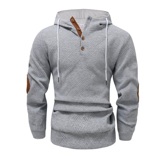 Herren nan strukturierter Kapuzenpullover im Henley-Stil mit Kontrastbesatz und Ellenbogenaufnähern R&B