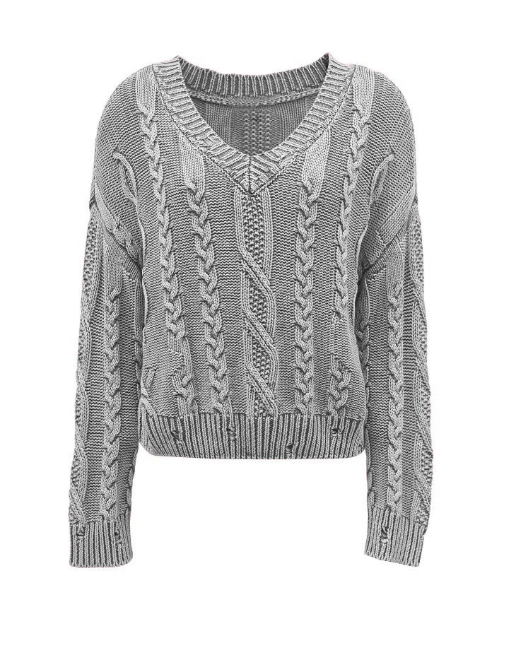 Damen Grob gestrickter Pullover mit V-Ausschnitt und voluminösen Ärmeln R&B