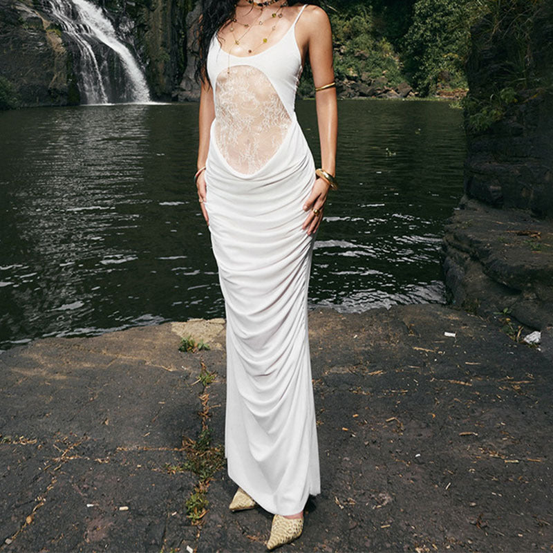 Damen Elegantes langes Kleid mit transparentem Spitzenbesatz und raffinierten Drapierungen R&B