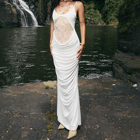 Damen Elegantes langes Kleid mit transparentem Spitzenbesatz und raffinierten Drapierungen R&B