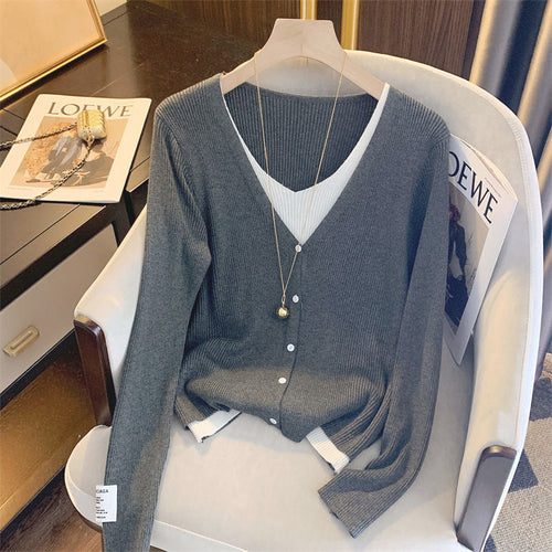 Damen lässige Strickjacke mit feiner Rippstruktur und tiefem V-Ausschnitt R&B