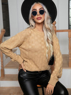 Damen lässiger Strickpullover mit Karomuster und weit ausgestellten Ärmeln R&B