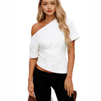 Damen asymmetrisches Oberteil mit schulterfreiem Design und kurzen Ärmeln R&B