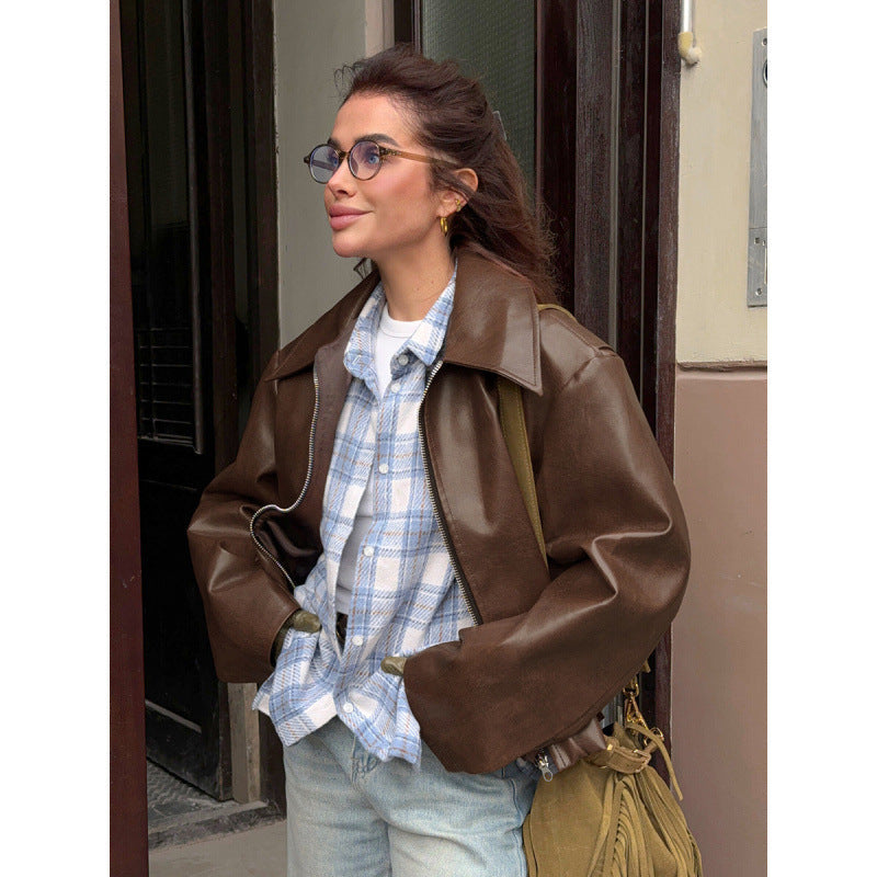 Damen Kunstlederjacke mit Oversized-Schnitt und klassischem Kragen R&B