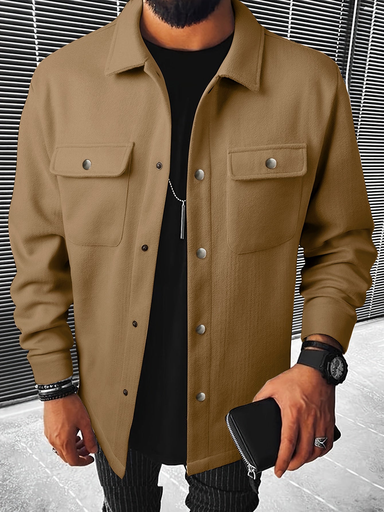 Herren nan Hemdenjacke aus Wollmix mit Druckknöpfen und Pattentaschen R&B