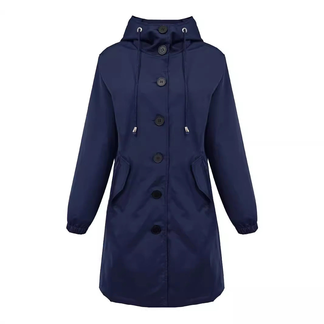Damen nan leichter Regenparka mit Kapuze, überlanger Knopfleiste, Tunnelzug und aufgesetzten Taschen R&B