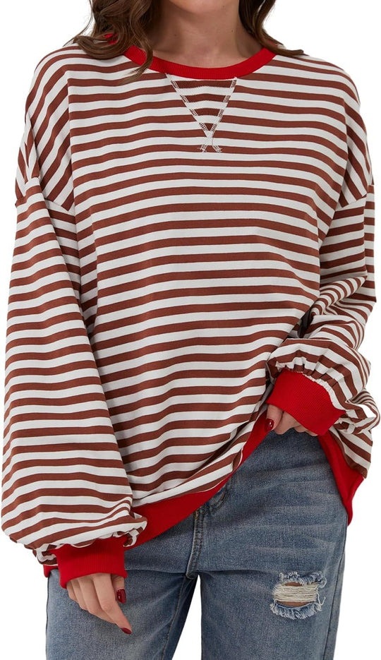 Damen lässiger Oversized Sweatshirt mit bunten Streifen und Kapuzenkordel R&B