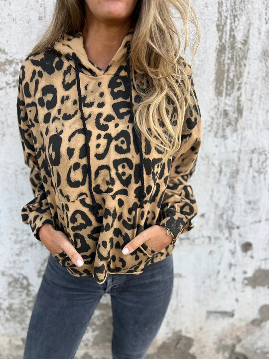 Damen Kapuzenpullover mit lässigem Leopardenmuster und praktischen Seitentaschen R&B