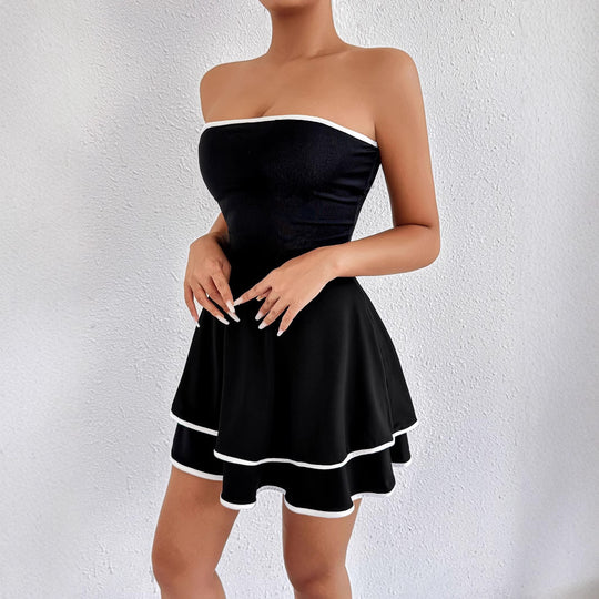 Damen kurzes trägerloses Kleid mit verspieltem Saum R&B