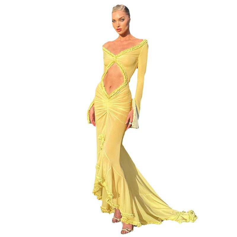 Damen Transparente Maxikleid mit eleganten Rüschendetails und figurbetontem Design R&B