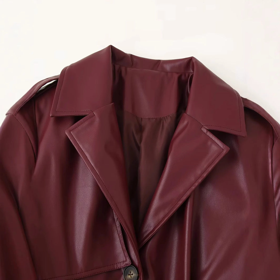 Damen eleganter Kunstleder-Trenchcoat mit Gürtel R&B