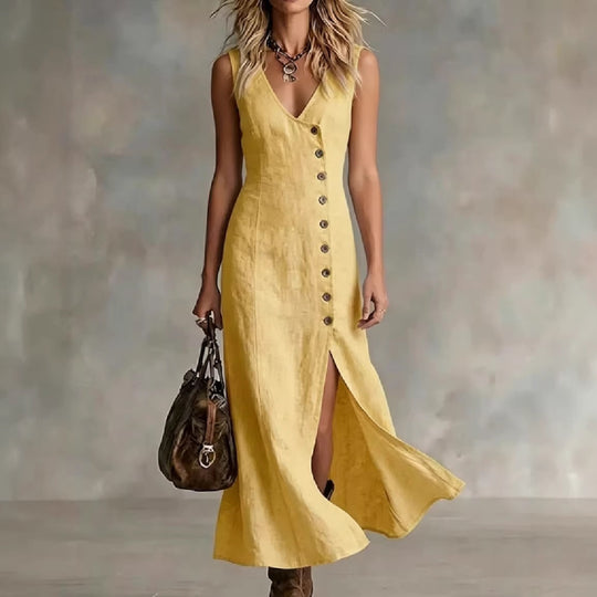 Damen Maxikleid mit elegantem V-Ausschnitt und seitlichem Schlitz R&B