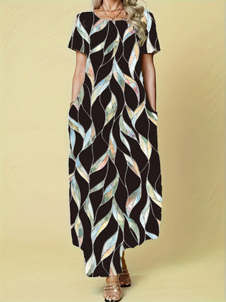 Damen Maxikleid mit lebhaftem Blattmuster und praktischen Taschen R&B