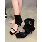 Damen elegante Ankle Boots mit modischem Riemen und hohem Absatz R&B