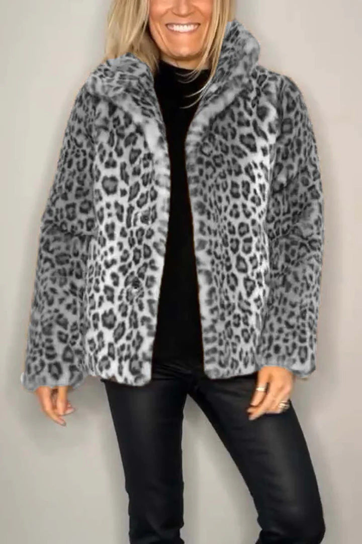 Damen kuschelige Leopardenfell Jacke R&B