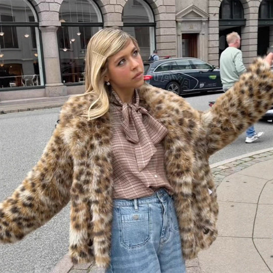 Damen künstlicher Pelzmantel im Leopardenmuster R&B