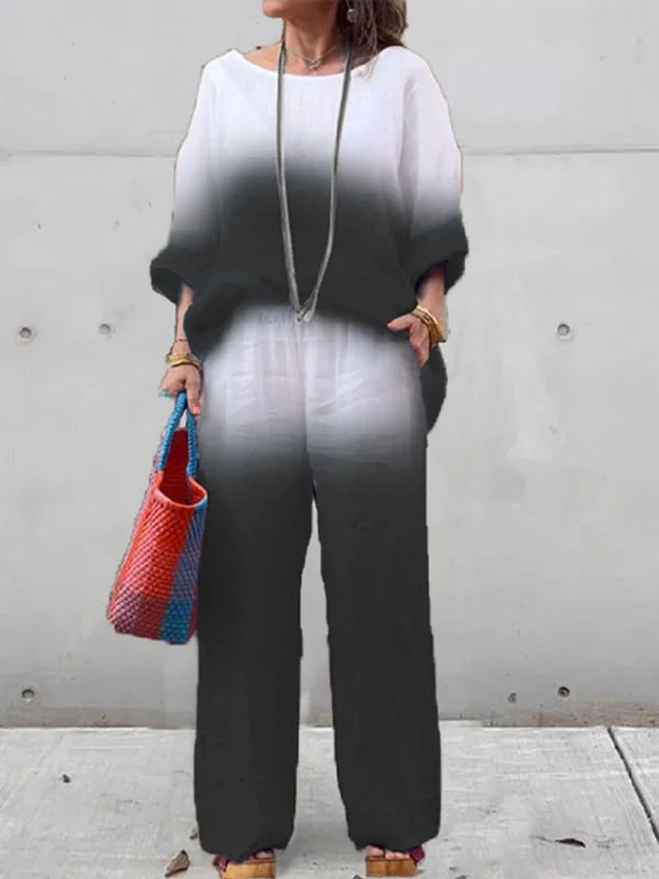 Damen lässiges Leinen-Outfit mit weiten Hosen und lockerer Bluse R&B