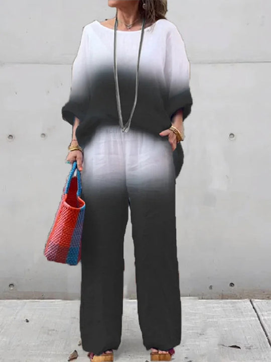 Damen lässiges Leinen-Outfit mit weiten Hosen und lockerer Bluse R&B