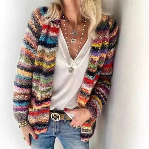Damen Offen gestrickte Cardigan mit bunten Streifen und lässigem Schnitt R&B