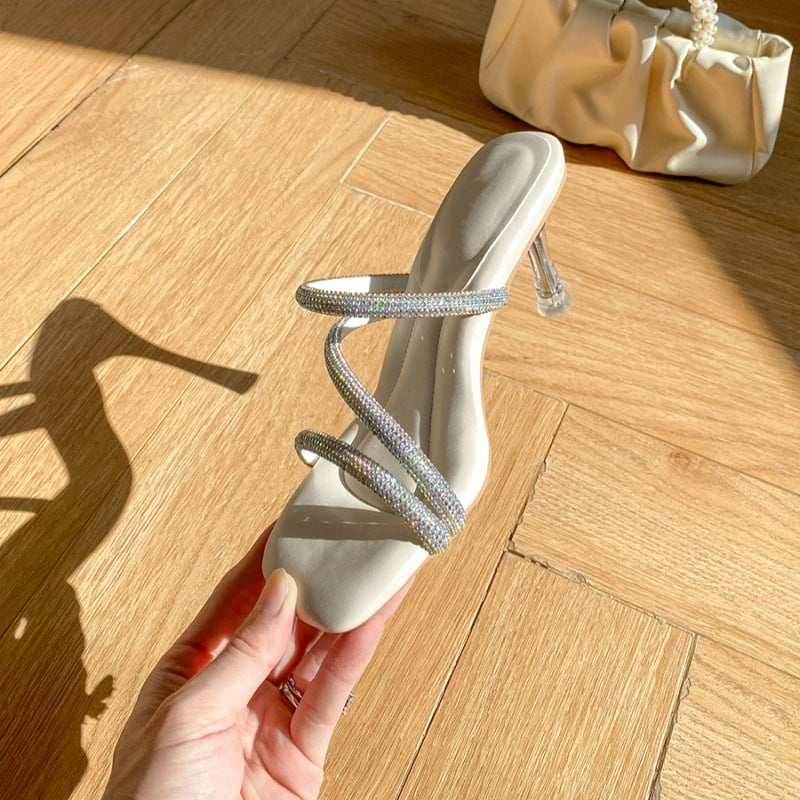 Damen elegante Sandalen mit funkelnden Strassverzierungen und transparentem Absatz R&B