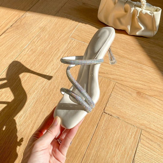 Damen elegante Sandalen mit funkelnden Strassverzierungen und transparentem Absatz R&B