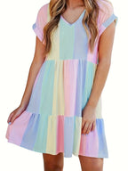 Damen lässiges Sommerkleid im modernen Streifendesign mit V-Ausschnitt und Volant R&B